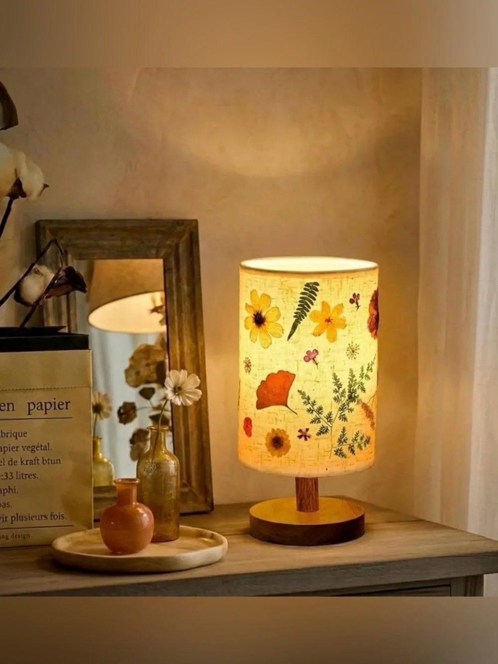 Pressed Flower Wood-Base Table Lamp - New in Box
